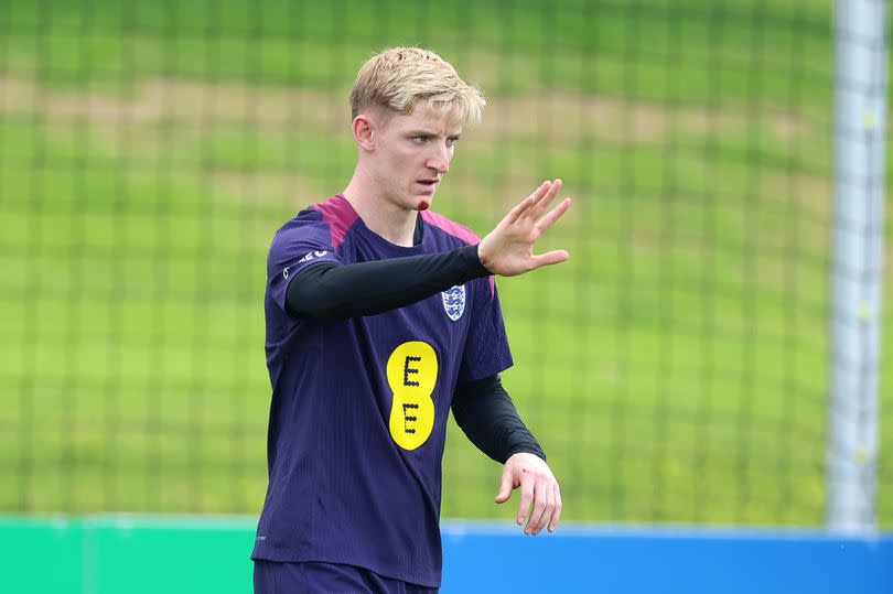 Anthony Gordon of England reacts during an England Training Session at Spa & Golf Resort Weimarer Land on June 27, 2024