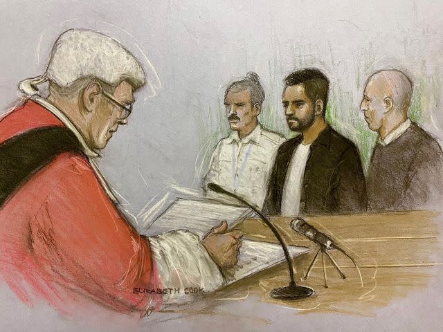 <p>Press Association via AP</p> Court artist drawing by Elizabeth Cook of Jaswant Singh Chail at the Old Bailey, London on Oct. 5