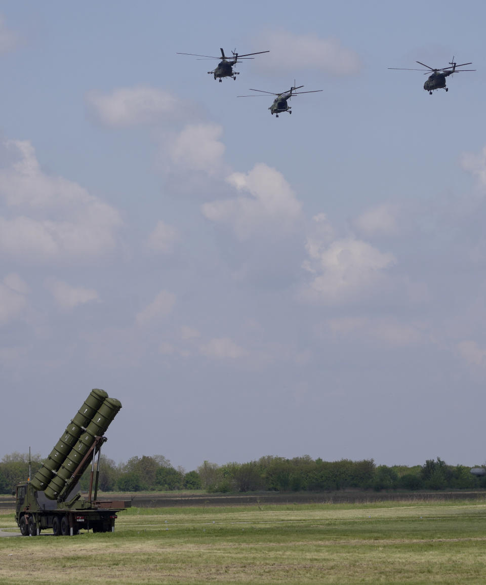 HQ-22 anti-aircraft systems, whose export version is known as FK-3, seen during the military exercises on Batajnica, military airport near Belgrade, Serbia, Saturday, April 30, 2022. Serbia on Saturday publicly displayed a recently delivered Chinese anti-aircraft missile system, raising concerns in the West and among some of Serbia's neighbors that an arms buildup in the Balkans could threaten fragile peace in the region. (AP Photo/Darko Vojinovic)