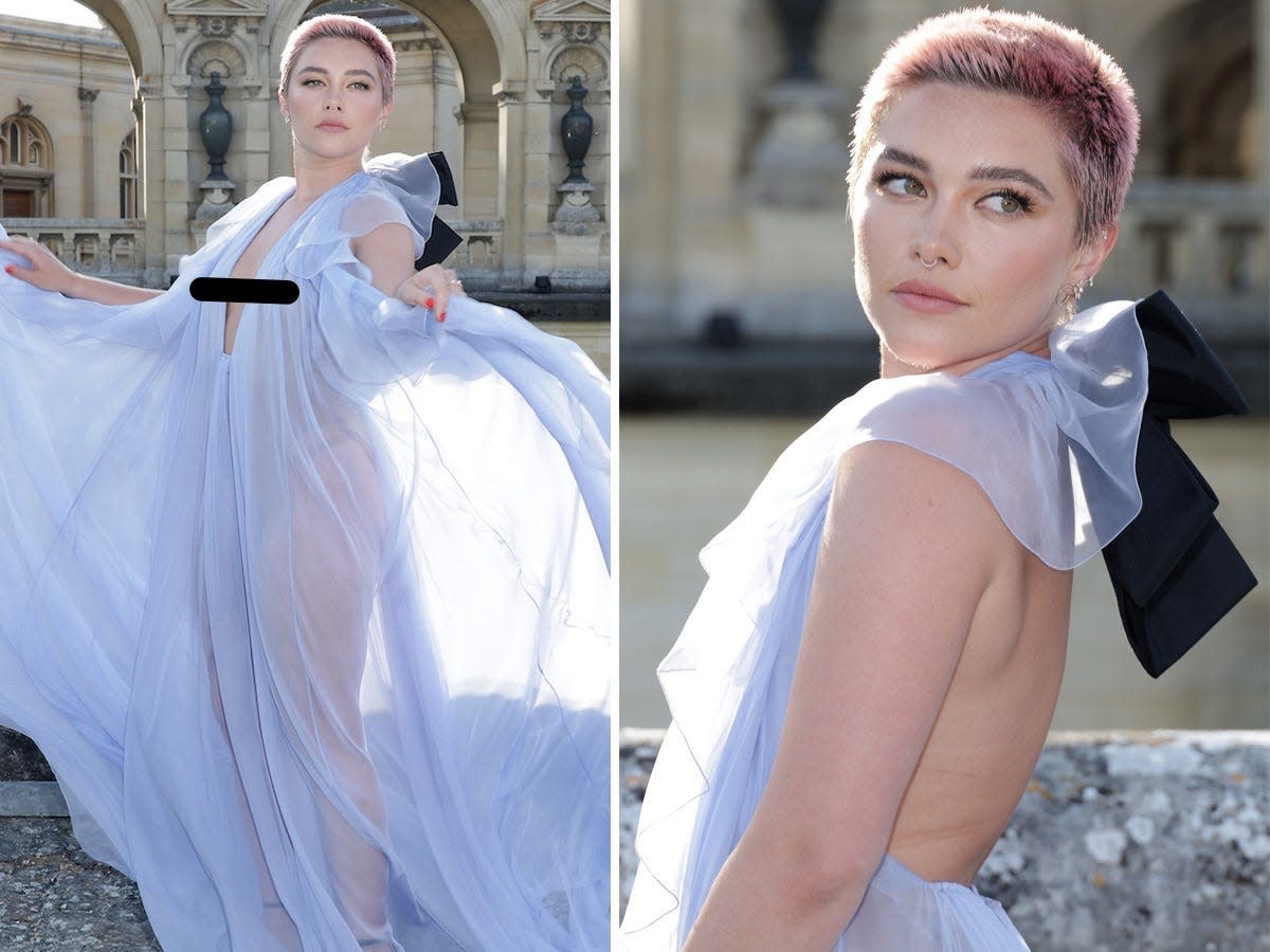A side-by-side of Florence Pugh at Paris Fashion Week in July 2023.