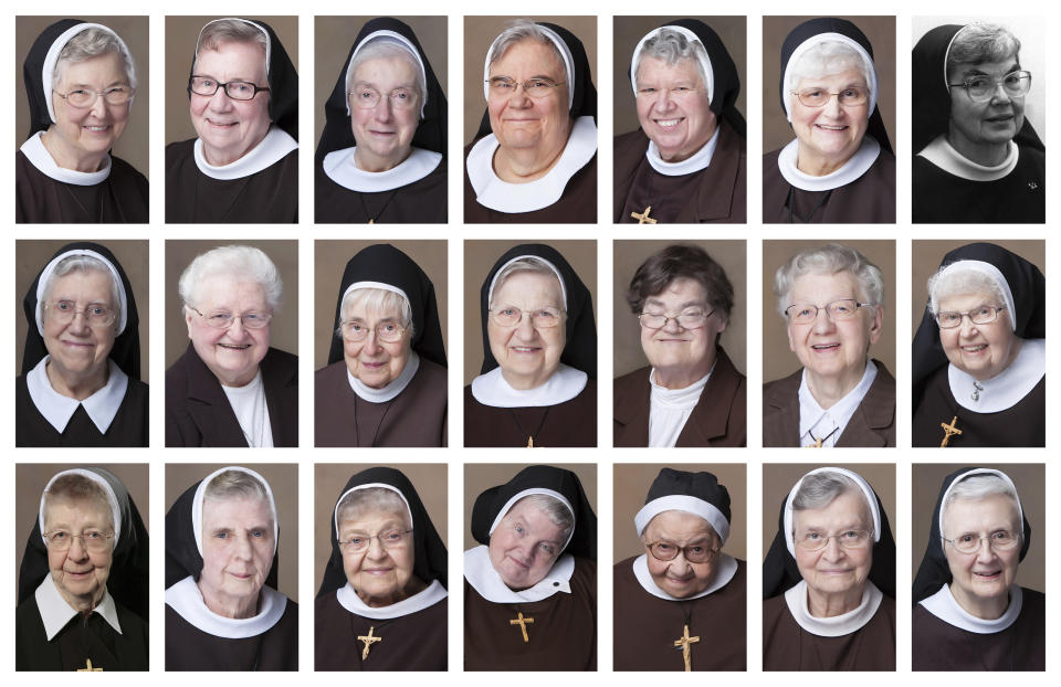 This combination of photos provided by Felician Publications from July 2020 to April 2021 shows 21 nuns from the Felician order who have died from COVID-19. Top row from left are Sisters Mary Clarence Borkoski, Mary Madeleine Dolan, Mary Felicia Golembiewski-Dove, Mary Alice Ann Gradowski, Victoria Marie Indyk, Mary Evelyn Labik and Celine Marie Lesinski. Middle row from left are Sisters Mary Seraphine Liskiewicz, Mary Christinette Lojewski, Mary Michele Mazur, Mary Bronisia Muzalewski, Christine Marie Nizialek, Mary DeAngelis Nowak and Mary Estelle Printz. Bottom row from left are Sisters Mary Patricia Pyszynski, Mary Martinez Rozek, Mary Danatha Suchyta, Thomas Marie Wadowski, Mary Luiza Wawrzyniak, Rose Mary Wolak and Mary Janice Zolkowski. (Felician Publications via AP)