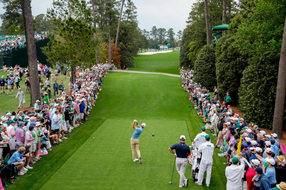 Nicolai Hojgaard tees off on no. 18 during a practice round for the Masters Tournament golf tournament at Augusta National Golf Club.