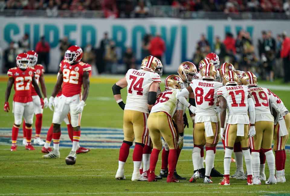 The San Francisco 49ers huddle during the fourth quarter against the <a class="link " href="https://sports.yahoo.com/nfl/teams/kansas-city/" data-i13n="sec:content-canvas;subsec:anchor_text;elm:context_link" data-ylk="slk:Kansas City Chiefs;sec:content-canvas;subsec:anchor_text;elm:context_link;itc:0">Kansas City Chiefs</a> in Super Bowl LIV at Hard Rock Stadium. Kyle Terada-USA TODAY Sports