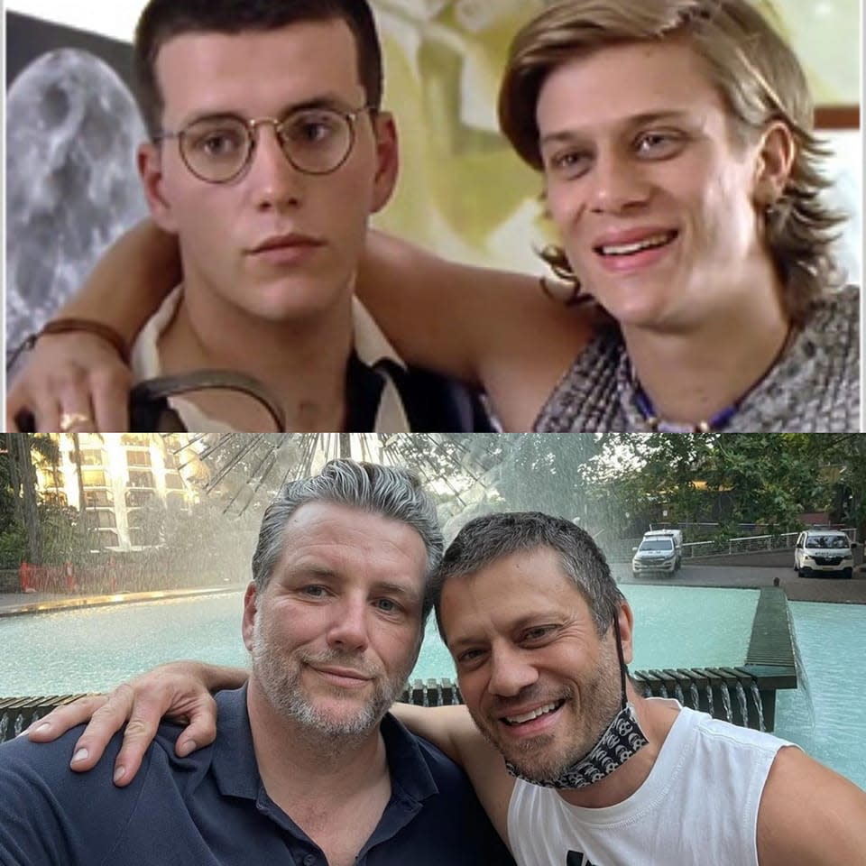 Actors Sebastian Goldspink and Rel Hunt in the 90s playing Charlie and Ryan in 'Heartbreak High' and in December 2021 in front of a fountain. Photo: Facebook/heartbreakhigh & Instagram/@sebastiangoldspink