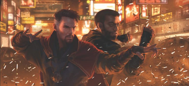 “Checkmate” keyframe concept art featuring Steven Strange (Benedict Cumberbatch) and Mordo (Chiwetel Ejiofor) in the climactic battle (Art by Ryan Lang/Courtesy of Marvel)