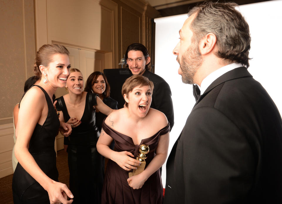 BEVERLY HILLS, CA - JANUARY 13:  (L-R) Writer/Producer Jennifer Konner, actresses Zosia Mamet, Adam Driver, Lena Dunham, Allison Williams and producer Judd Apatow of 'Girls' pose for a portrait at the 70th Annual Golden Globe Awards held at The Beverly Hilton Hotel on January 13, 2013 in Beverly Hills, California.  (Photo by Dimitrios Kambouris/Getty Images)