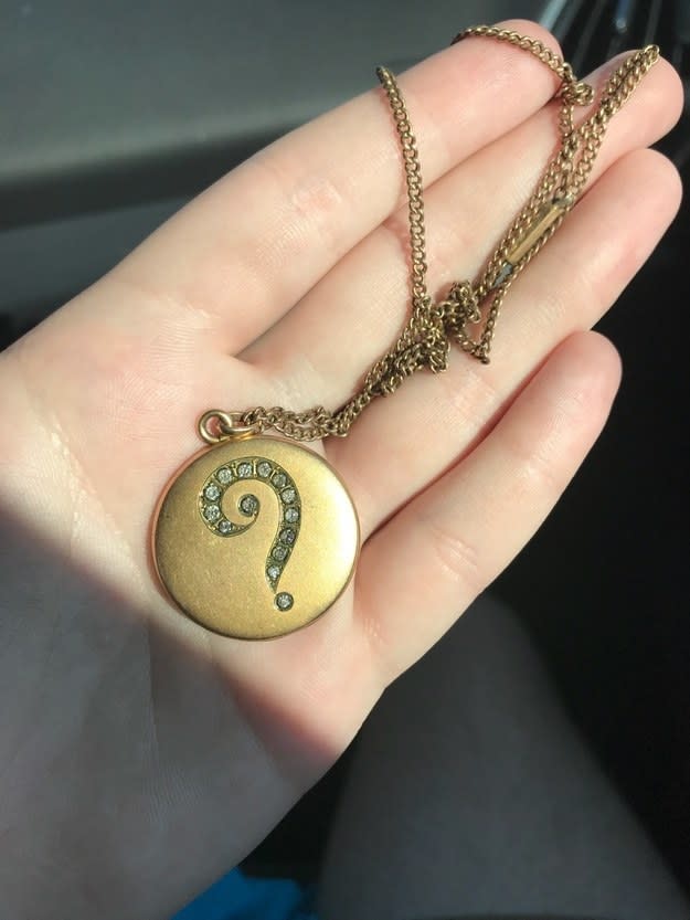 <div><p>"This locket was given to me after my mom passed away. It has a question mark on it, and she was proposed to with it. Now, I keep a picture of me and my mom inside it."</p><p> —<a href="https://www.buzzfeed.com/mattheww44186d6e2" rel="nofollow noopener" target="_blank" data-ylk="slk:mattheww44186d6e2;elm:context_link;itc:0;sec:content-canvas" class="link ">mattheww44186d6e2</a></p></div><span><a href="https://www.buzzfeed.com/mattheww44186d6e2" rel="nofollow noopener" target="_blank" data-ylk="slk:buzzfeed.com;elm:context_link;itc:0;sec:content-canvas" class="link ">buzzfeed.com</a></span>