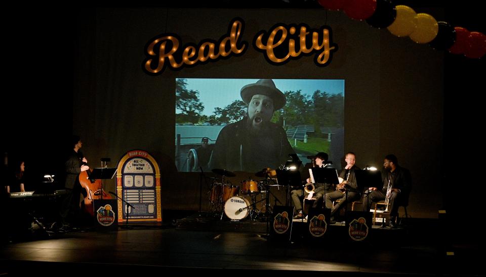 Coy Bowles of the Grammy-award-winning Zac Brown Band is himself an author. He sent a video message to the kids. Bowles is flanked by the Read City Band from the UT Jazz Department.