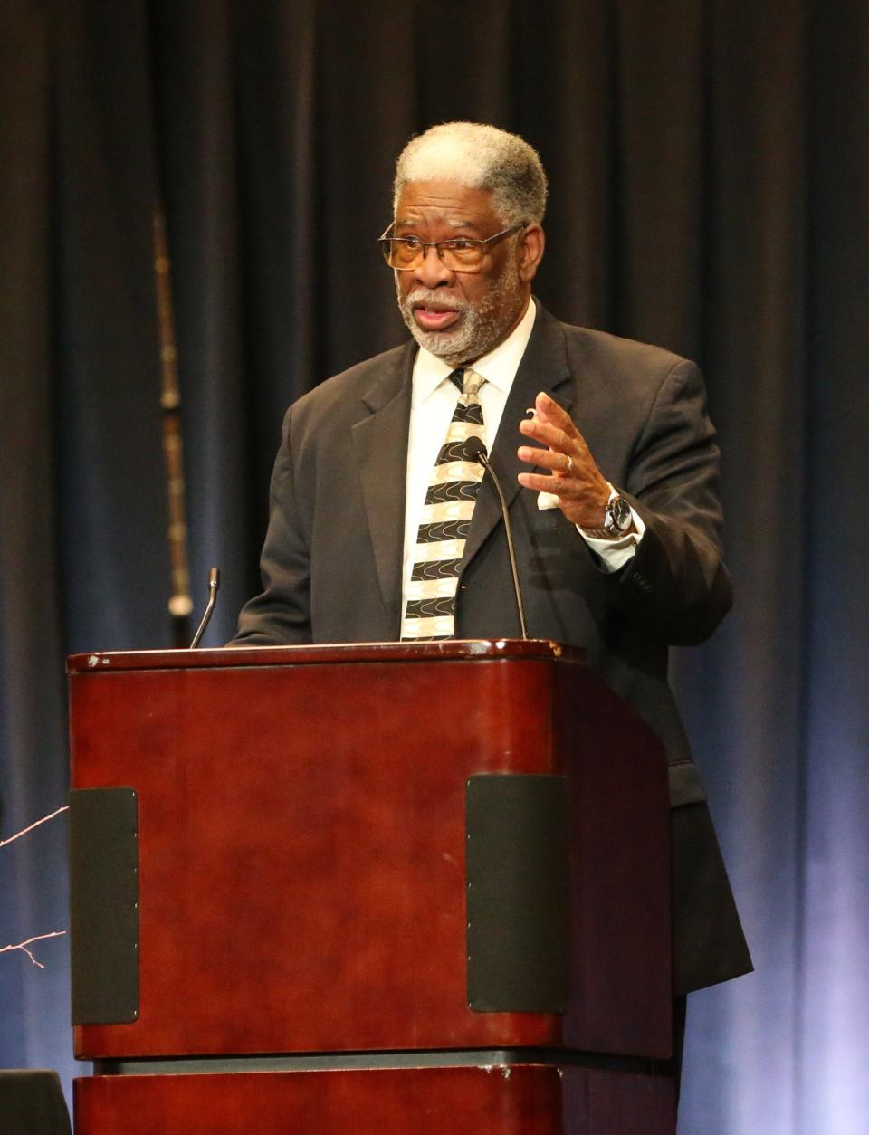 Lynn Coleman speaks Monday, Feb. 5, 2024, at a memorial service at Century Center in South Bend for the six Smith family children killed as a result of the Jan. 21, 2024, fatal house fire on North LaPorte Avenue.