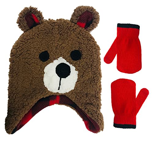 PEAK 2 PEAK Boys Fleece Bear Face Critter Scandi Hat and Mitten Set - 2-4 Toddler