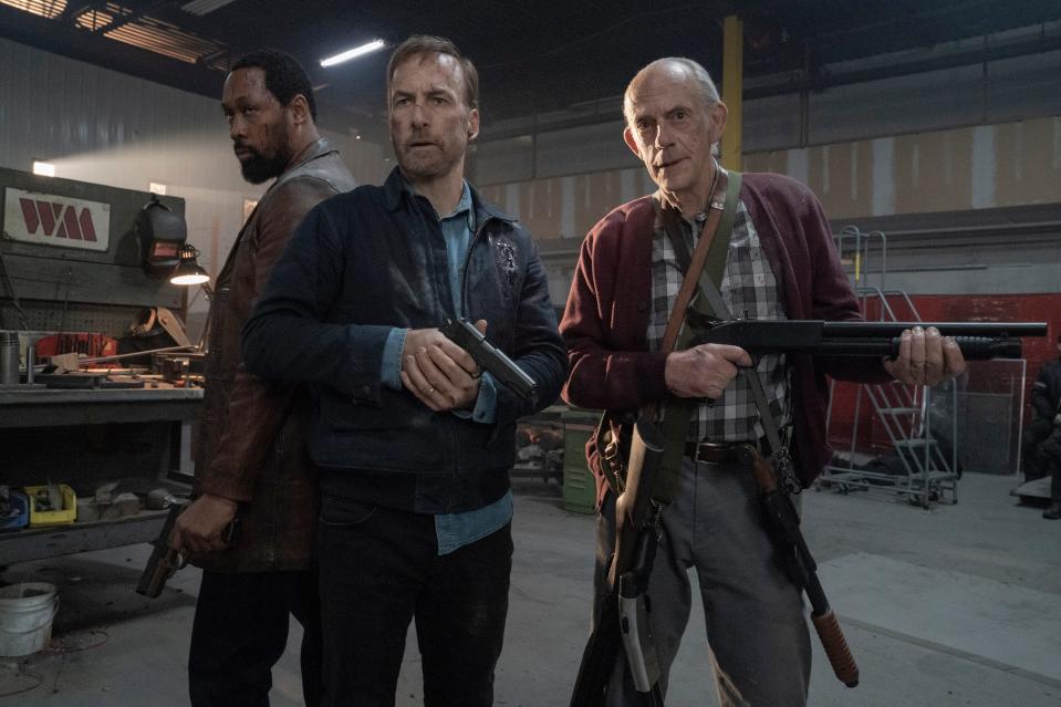 Hutch (Bob Odenkirk, center) teams up with adopted brother Harry (RZA) and dad David (Christopher Lloyd) in "Nobody."