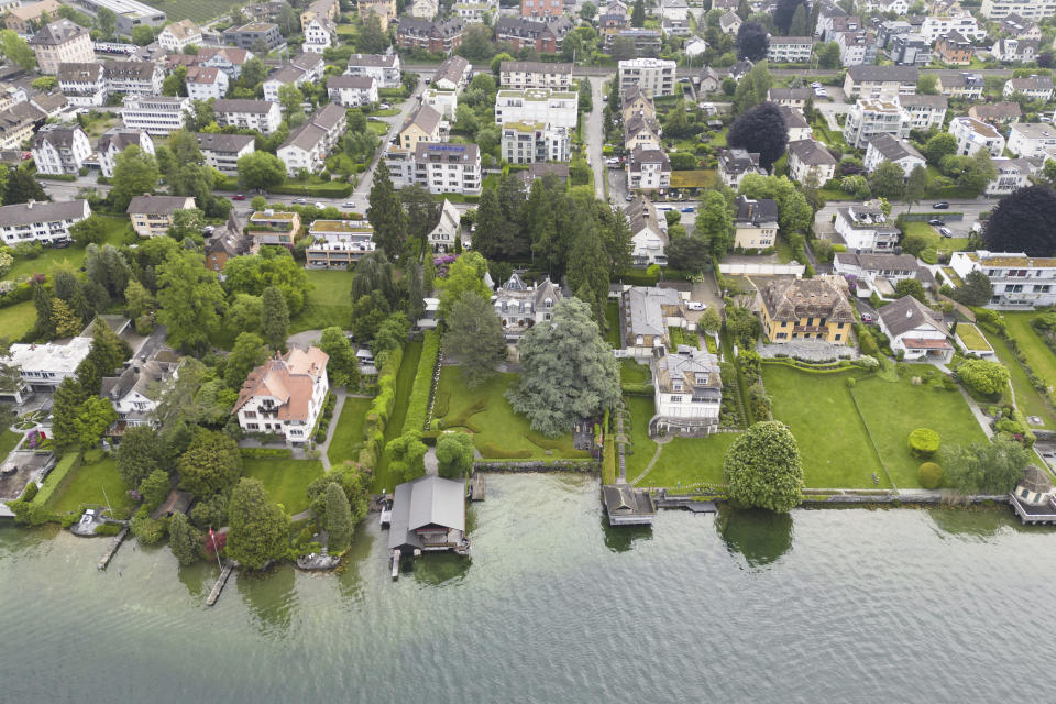 The villa of singer and stage performer Tina Turner, front center, in Kuesnacht, Switzerland, Thursday May 25, 2023. Turner, the unstoppable singer and stage performer died Wednesday May 24, 2023, after a long illness at her home in Kuesnacht near Zurich, Switzerland, according to her manager. She was 83. (Michael Buholzer/Keystone via AP)