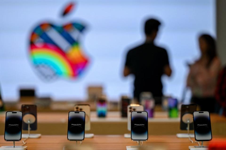 iPhones are on display inside the new Apple retail store during a media preview on the eve of its opening in Mumbai on April 17, 2023 (AFP via Getty Images)