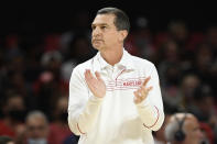 FILE - Maryland head coach Mark Turgeon gestures during the second half of an NCAA college basketball game against George Washington on Nov. 11, 2021, in College Park, Md. Turgeon is out as Maryland's basketball coach after a slow start to his 11th season knocked the team out of the Top 25. The athletic department announced Friday, Dec. 3, 2021, that Turgeon was stepping down in what it called a mutual decision. (AP Photo/Nick Wass, File)