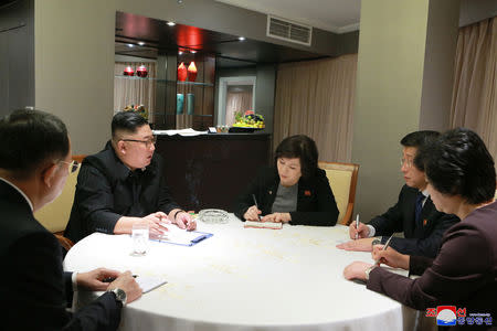 North Korea's leader Kim Jong Un receives briefing from the working team of the second DPRK-USA summit, upon arriving in Hanoi, Vietnam February 26, 2019 in this photo released by North Korea's Korean Central News Agency (KCNA). KCNA via REUTERS
