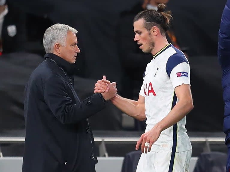 <p>Tottenham’s Jose Mourinho and Gareth Bale</p> (EPA)