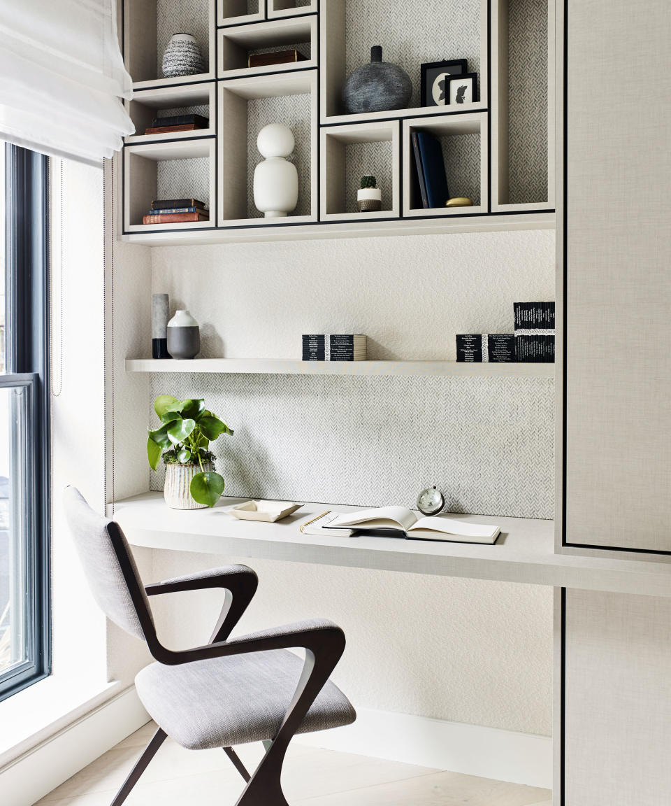 <p> The challenge with&#xA0;modern home office&#xA0;in many new-build properties is that they lack architectural features such as chimney recesses and alcoves that add character and distinction, as well as making perfect desk spaces.&#xA0; </p> <p> When this is the case, the best bet is to work creatively with fitted joinery and build a shelf into the run of wardrobes &#x2013; the minimum recommended depth for a laptop is 60cm &#x2013; which can act as a desk.&#xA0; </p> <p> In this scheme, Irene Gunter of&#xA0;Gunter &amp; Co added an elegant, linen-like wallpaper to the woodwork paired with a cream boucle fabric on the walls and shadow-gap detailing on the pigeonholes above.&#xA0; </p> <p> &#x2018;This is certainly not for every household, but it was perfect for our clients,&#x2019; explains Irene. &#x2018;We have a generous depth for the desk without jutting in front of the window, which we painted in our favorite gray-black finish.&#x2019; </p>
