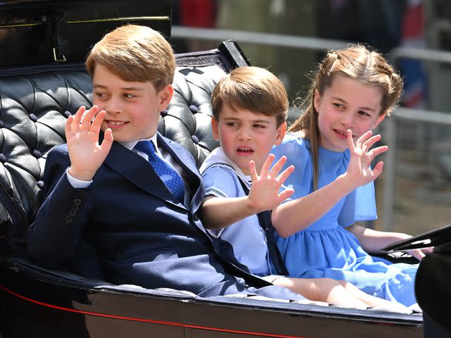 <p>Karwai Tang/WireImage</p> Prince George, Prince Louis and Princess Charlotte at Trooping the Colour in 2022.