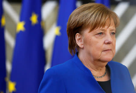 German Chancellor Angela Merkel arrives at an extraordinary European Union leaders summit to discuss Brexit, in Brussels, Belgium April 10, 2019. REUTERS/Eva Plevier