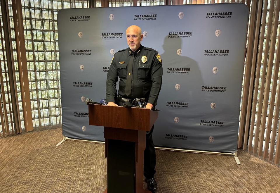 Jason Laursen, deputy chief of the Tallahassee Police Department, briefs reporters Friday, May 26, 2023, on a fatal shooting that occurred the night before at Tom Brown Park. Officers shot and killed a woman after she allegedly opened fire on them in what police called an "ambush."