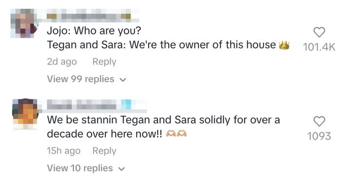 People quickly started stitching the interview with their reactions, including alt-pop duo Tegan and Sara Quin. The two are identical twin sisters who rose to fame in the early '00s and identify as queer.