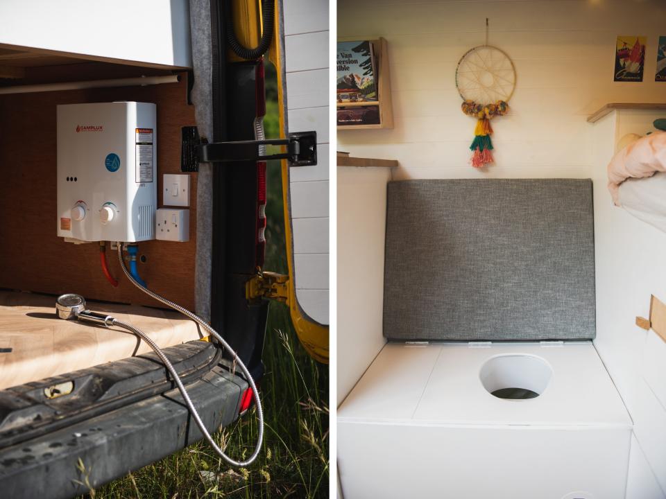 A collage of the outdoor shower heater set up and the hidden toilet.