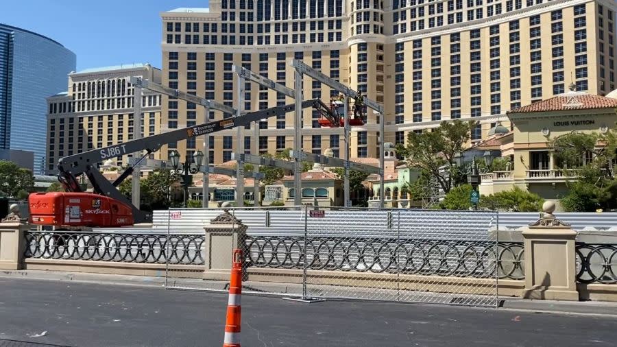 Construction on grandstands in front of the Bellagio on Wednesday, Sept. 20, 2023. (Ryan Matthey / 8NewsNow)