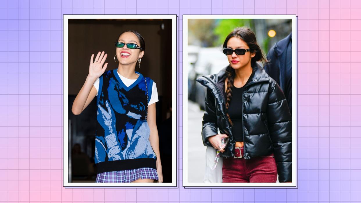  Two pictures of Olivia Rodrigo wearing a pair of blue-lensed sunglasses and a pair of rectangular, black sunglasses/ in a purple and pink template 