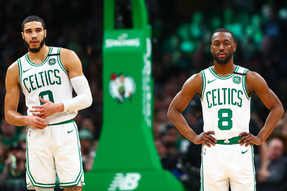 Boston Celtics stars Jayson Tatum and Kemba Walker can further their legacies in Game 7. (Adam Glanzman/Getty Images)