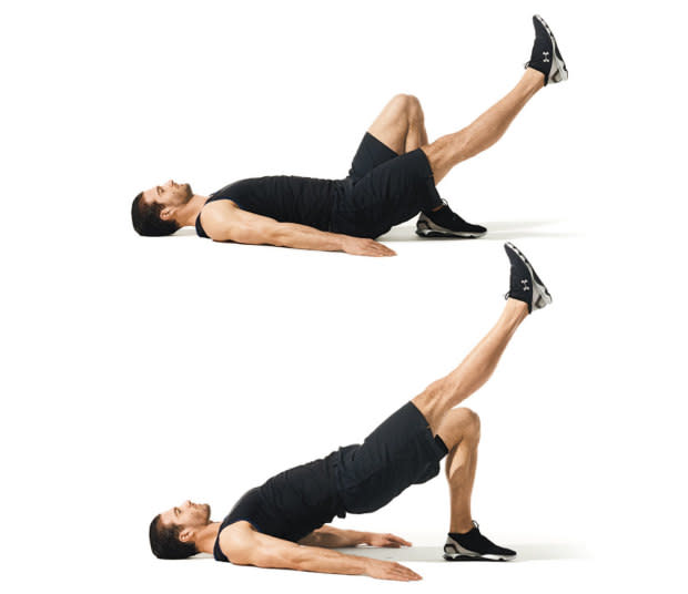 <p>James Michelfelder</p>How to do it:<ol><li>Lie faceup on the floor and place your right heel on the floor and extend the left leg.</li><li>Brace your abs and contract your glutes to bridge your hips off the floor while simultaneously raising your left leg in the air until it’s in line with your right thigh.</li><li>Lower until your glutes are hovering above the ground. That's one rep. </li></ol>