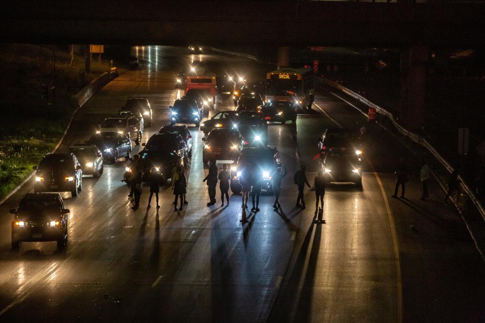 Protesters move onto the interstate to shut down I35W in Minneapolis on May 29, 2020.