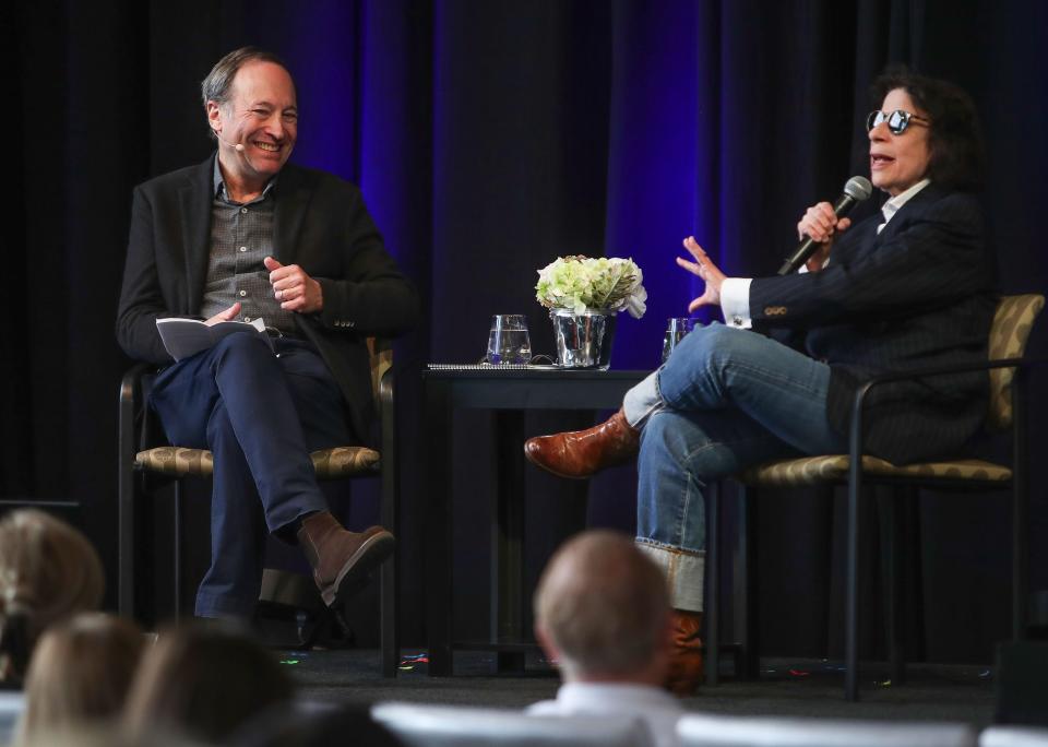 Fran Lebowitz and Jeffrey Brown have a discussion at the Rancho Mirage Writers Festival at the Rancho Mirage Public Library, February 3, 2023.  