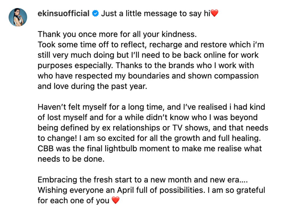 Ekin-Su told followers she hasn’t felt like herself for a long time (Instagram via @ekinsuofficial)