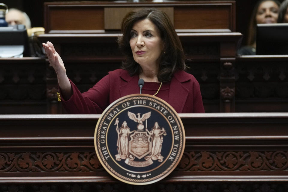 New York Gov. Kathy Hochul speaks during the State of the State address in Albany, N.Y., Tuesday, Jan. 9, 2024. The Democrat outlined her agenda for the ongoing legislative session, focusing on crime, housing and education policies. (AP Photo/Seth Wenig)