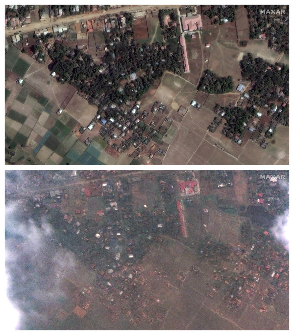 This combination of Feb. 17 and May 15, 2023 photos provided by Maxar Technologies shows Sittwe, Myanmar, before and after Cyclone Mocha made landfall in Rakhine state on Sunday, May 14, 2023. (Maxar Technologies via AP)