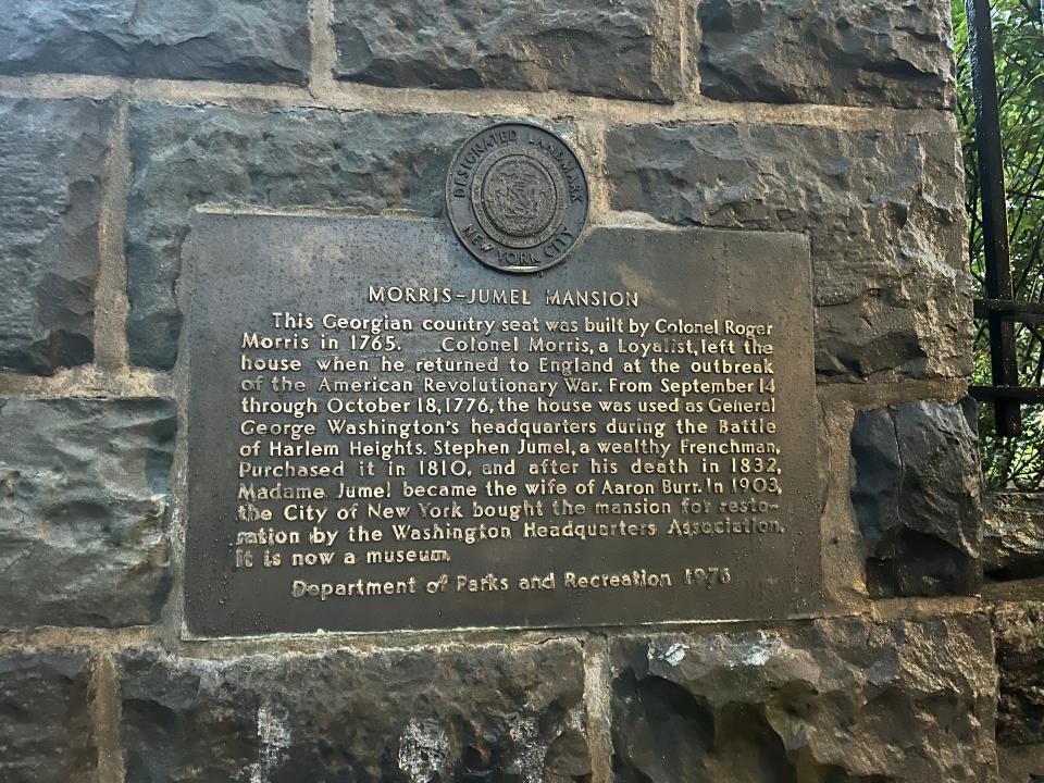 A plaque at Morris-Jumel Mansion.