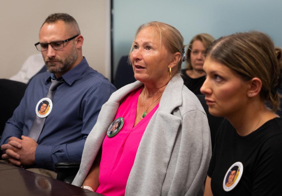 Julia Kantor, mother of Douglas Kantor, speaks about her son at a news conference Tuesday after the first day of the trial for the man accused of killing him, De'ondre White. Kantor was killed in a mass shooting on Sixth Street in 2021 that left 13 others injured.