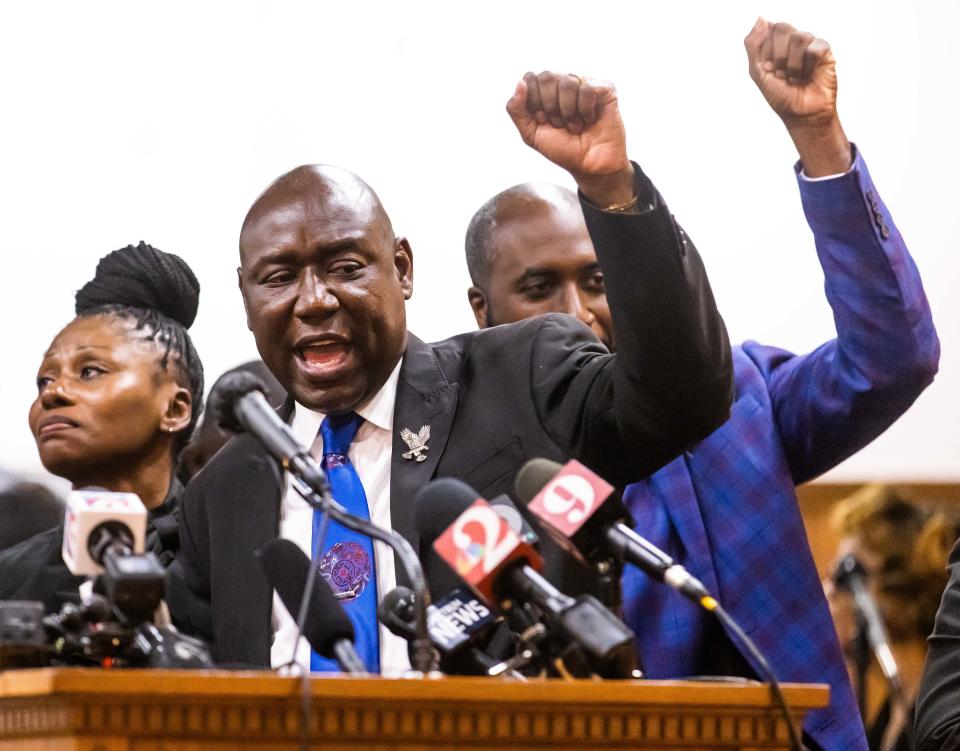 ÒJustice for A.J.!Ó was what Civil Rights Attorney Ben Crump, center, shouted while flanked by Pamela Dias, left, mother of Ajike "AJ" Shantrell Owens during a press conference Wednesday afternoon, June 7, 2023 at the New St. John Missionary Baptist Church in Ocala, FL. An arrest was made late Tuesday, early Wednesday morning in the fatal shooting of Ajike "AJ" Shantrell Owens. Crump represents the family. Owens was shot while standing outside her neighbor's door the night of June 2 in Quail Run, located off County Road 475A in Ocala. Quail Run consist of single story duplex and quadraplex. Susan Louise Lorincz, 58, now faces charges of manslaughter with a firearm, culpable negligence, two counts of assault and battery. [Doug Engle/Ocala Star Banner]2023