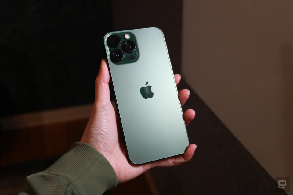 <p>An "Alpine green" iPhone 13 Pro Max held in a person's hand, with a spotlight shining on it.</p>
