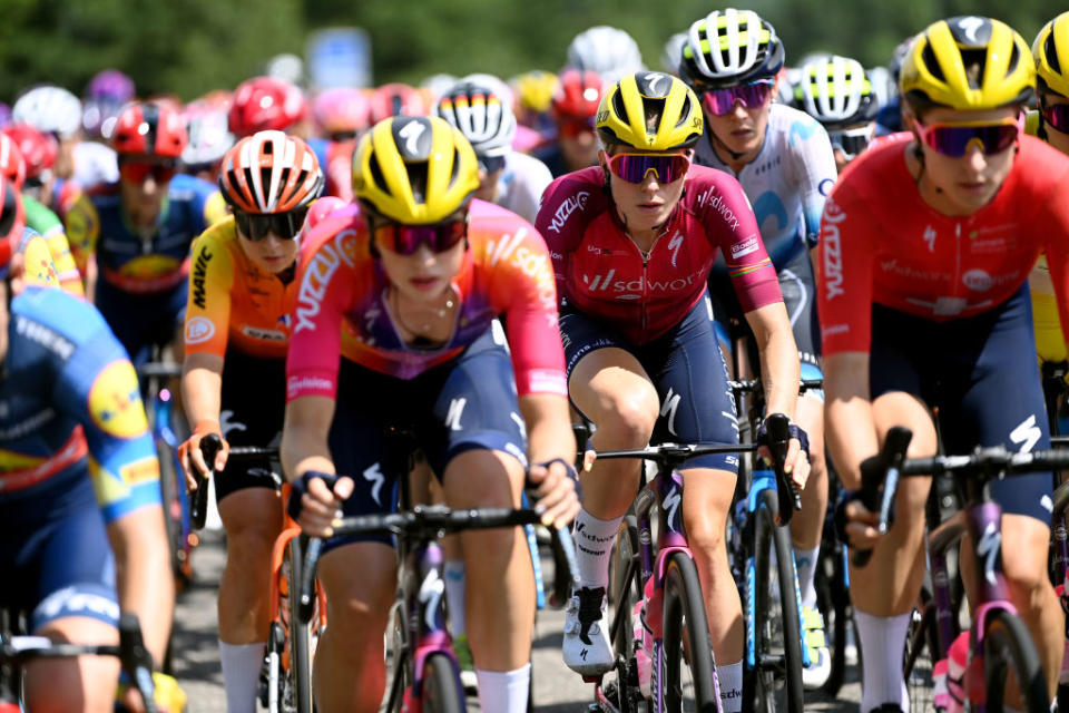 BLAGNAC FRANCE  JULY 28 Demi Vollering of The Netherlands and Team SD Worx  Protime  Pink UCI Womens WorldTour Leader Jersey competes during the 2nd Tour de France Femmes 2023 Stage 6 a 1221km stage from Albi to Blagnac  UCIWWT  on July 28 2023 in Blagnac France Photo by Tim de WaeleGetty Images