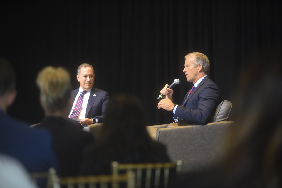 U.S. Sen. John Thune (right) leads a discussion on rural broadband and telehealth alongside Jerry Penso (left), CEO of the American Medical Group Association, during Sanford Health's National Summit on the Future of Rural Health Care.