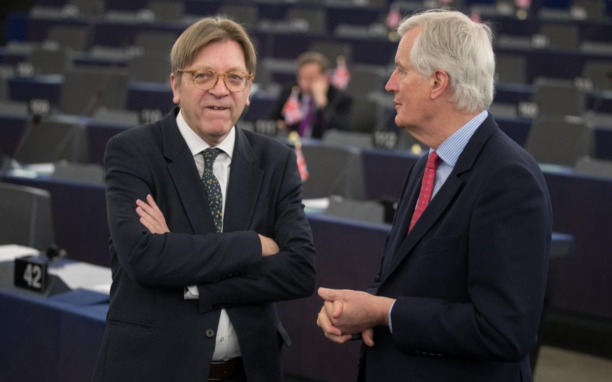 Guy Verhoftstadt in the European Parliament with Michel Barnier, the EU's chief Brexit negotiator - Bloomberg