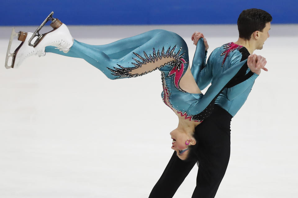 Charlene Guignard and Marco Fabbri of Italy perform in rhythm dance during the ISU European Figure Skating Championships in Kaunas, Lithuania, Friday, Jan. 12, 2024. (AP Photo/Mindaugas Kulbis)