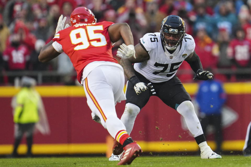 Jawaan Taylor should take over for Orlando Brown on the Chiefs' offensive line. (Photo by Cooper Neill/Getty Images)