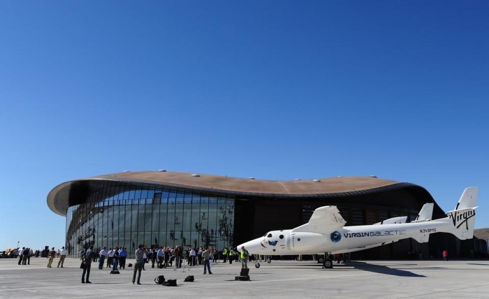 <div class="inline-image__caption"><p>WhiteKnightTwo, carrying SpaceShipTwo, sits on display outside the hangar facility at Spaceport America on October 17, 2011 in New Mexico. </p></div> <div class="inline-image__credit">Frederic J. Brown/AFP via Getty Images</div>