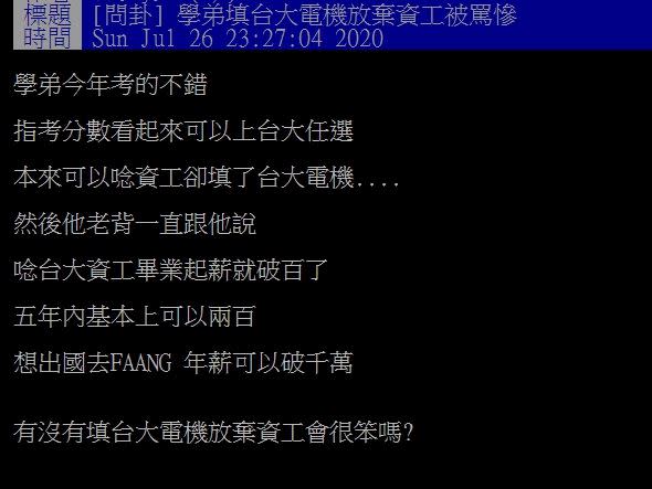 學弟填了台大電機系，卻被爸爸罵慘。（圖／翻攝自PTT）