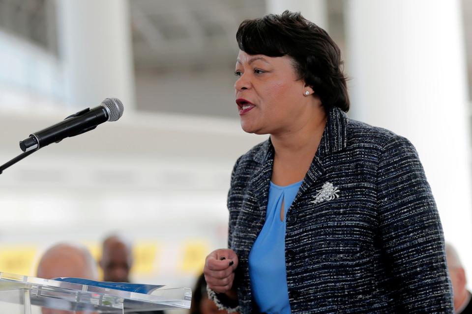 In this Nov. 5, 2019, file photo, New Orleans Mayor Latoya Cantrell speaks at a ribbon-cutting ceremony for the newly built main terminal of the Louis Armstrong New Orleans International Airport in Kenner, Louisiana.