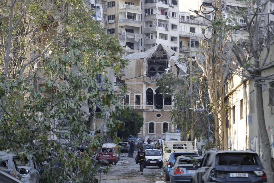 A damage is seen after a massive explosion in Beirut, Lebanon, Wednesday, Aug. 5, 2020. The explosion flattened much of a port and damaged buildings across Beirut, sending a giant mushroom cloud into the sky. In addition to those who died, more than 3,000 other people were injured, with bodies buried in the rubble, officials said.(AP Photo/Hassan Ammar)