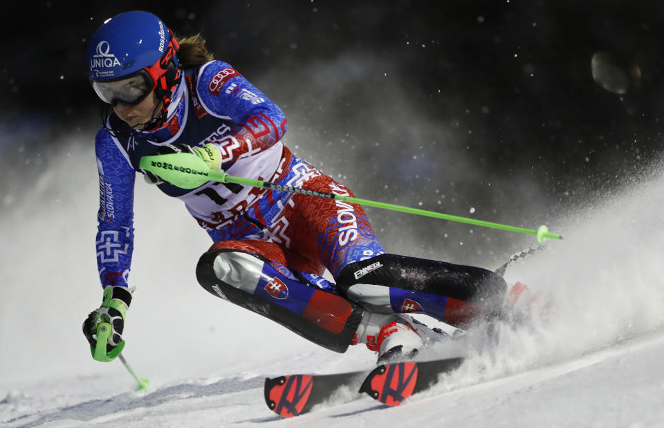 Petra Vlhova speeds down the course during the slalom portion of the women's combined, at the alpine ski World Championships in Are, Sweden, Friday, Feb. 8, 2019. (AP Photo/Gabriele Facciotti)