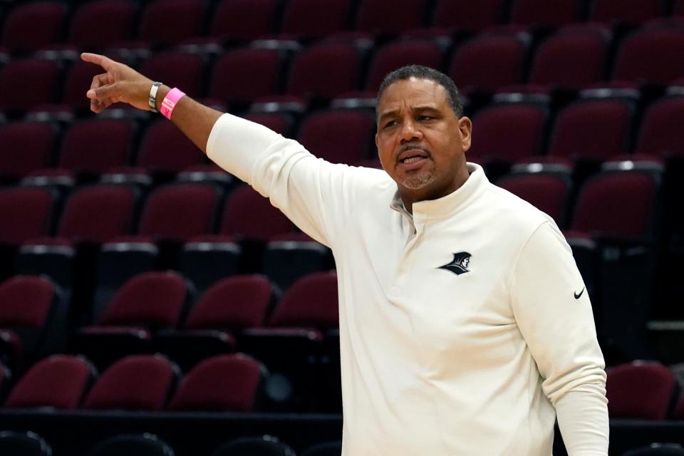 Providence head coach Ed Cooley conducts practice in Chicago on Thursday. PC faces No. 1 seed Kansas in a Sweet 16 game Friday night. Preview in Sports, Page 1B